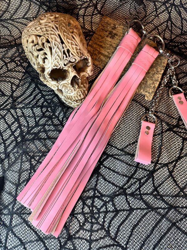 Pink Italian Leather Florentine Floggers with Chainmail finger loops