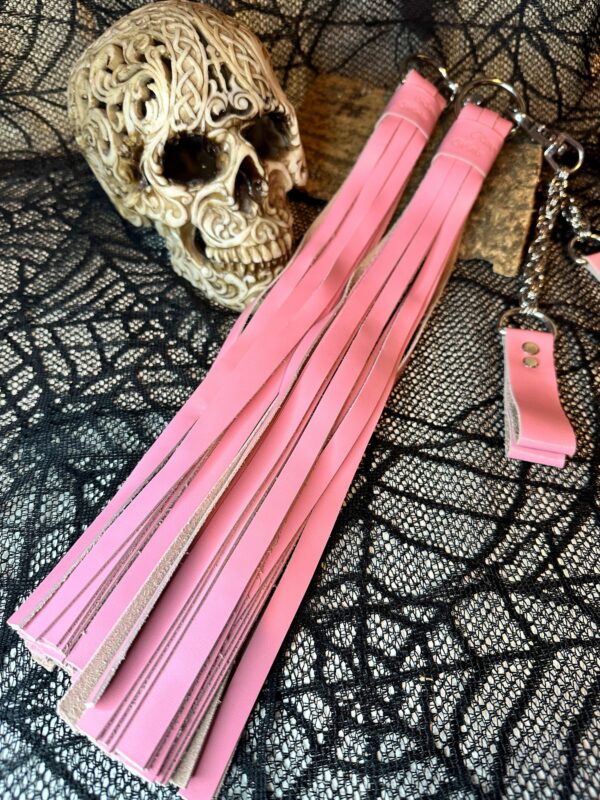 Pink Italian Leather Florentine Floggers with Chainmail finger loops - Image 3