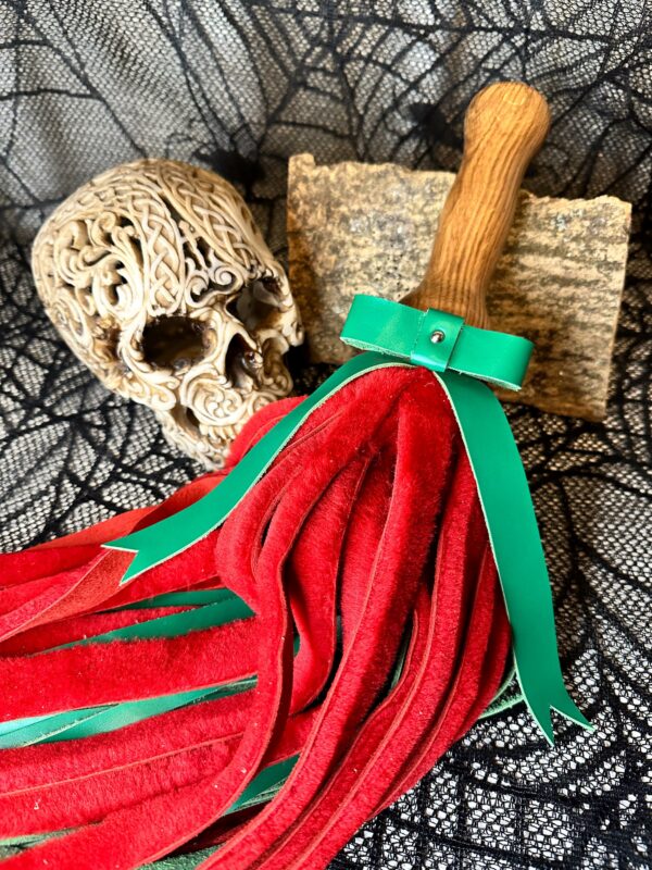 Santas Little Helper sheepskin and leather flogger with character reclaimed handle