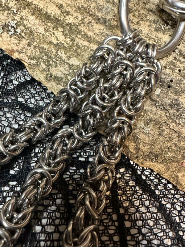 Heavy 2cm stainless steel Byzantine chainmail flogger with black finger loops