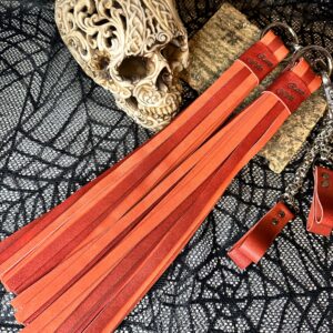 Burnt orange double sided leather POI Florentine Floggers with Chainmail finger loops