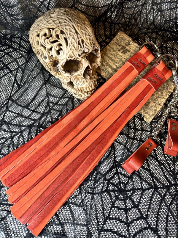 Burnt orange double sided leather POI Florentine Floggers with Chainmail finger loops