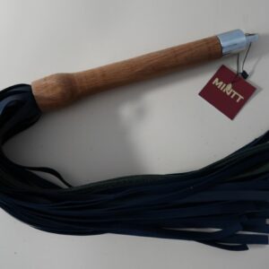 Oak handled flogger with stainless steel cap and navy blue metallic 10mm leather falls