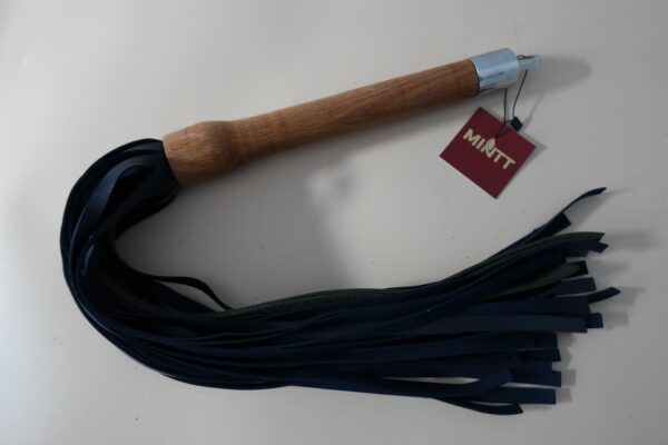 Oak handled flogger with stainless steel cap and navy blue metallic 10mm leather falls