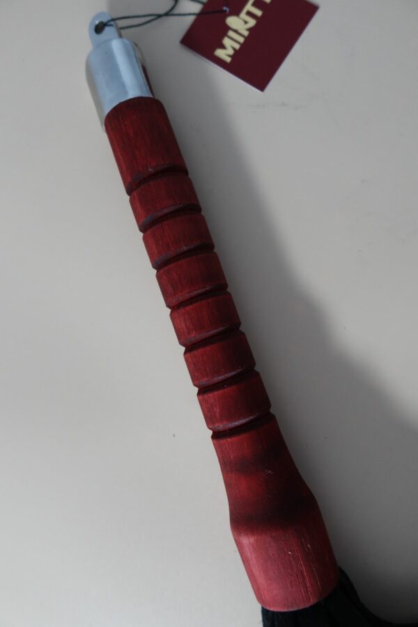 Oak handle which has been dyed red with stainless steel cap and black boulder print suede side out - Image 2