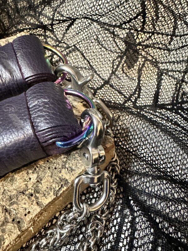 Thick rdeep aubergine purple leather POI Florentine Floggers with Chainmail finger loops (Copy) (Copy) - Image 3