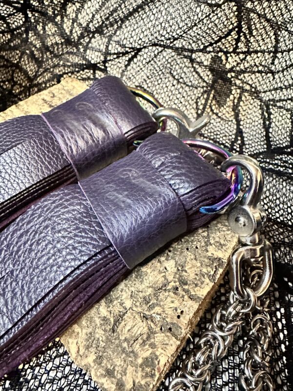 Thick rdeep aubergine purple leather POI Florentine Floggers with Chainmail finger loops (Copy) (Copy) - Image 4