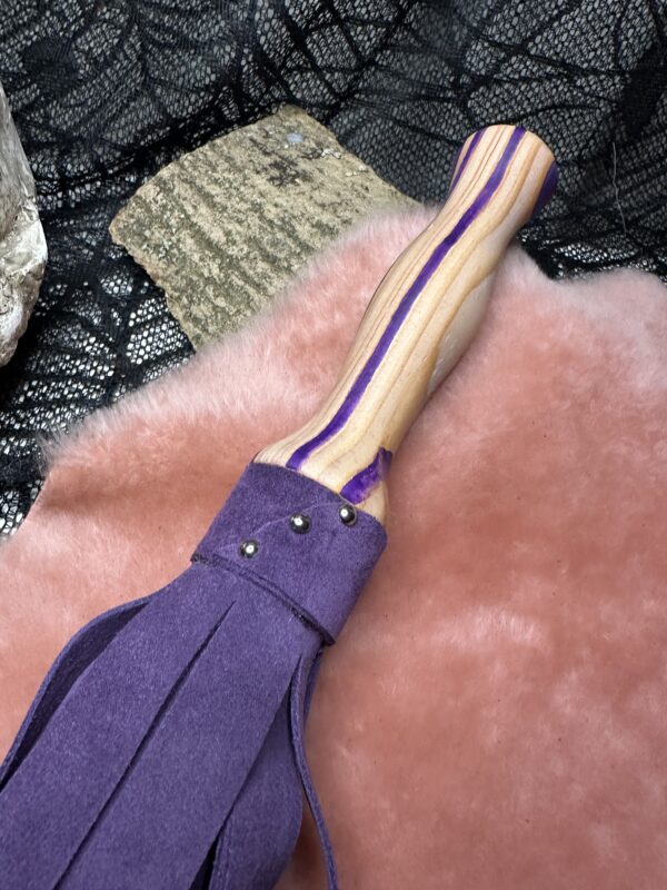 Proud Purple suede flogger with purple accent hand-turned handle. - Image 2