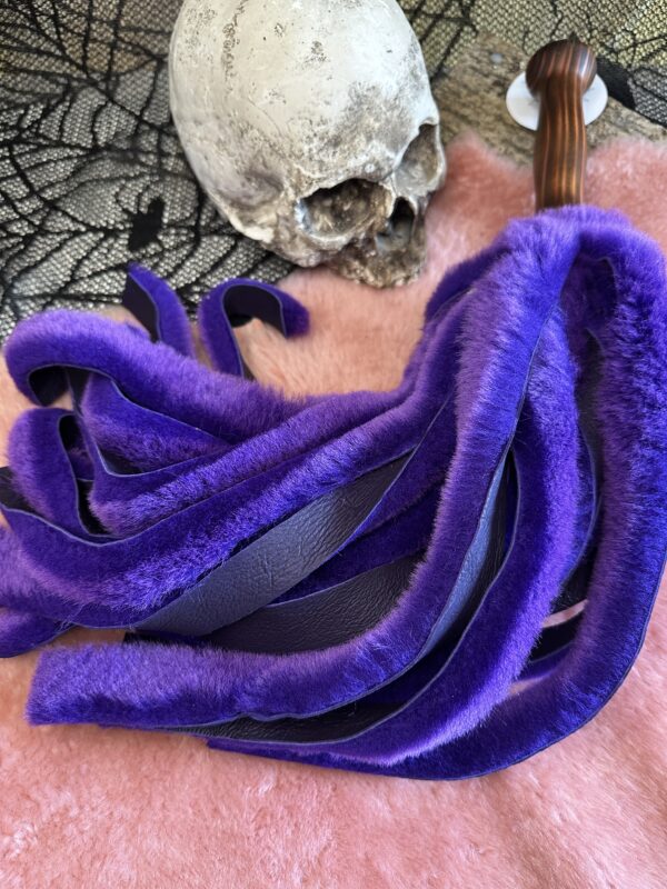 Purple double sided sheepskin flogger with hand turned handle