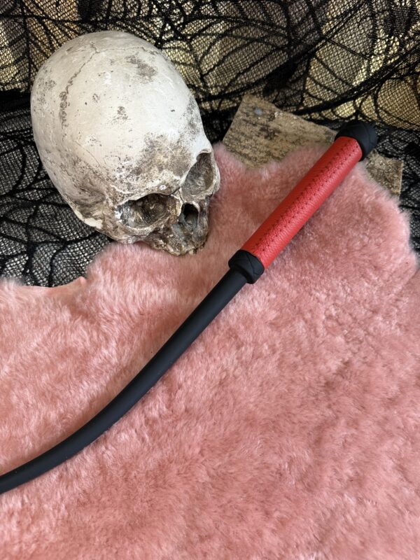 Rubber Whip with red leather wrapped handle and red stitching