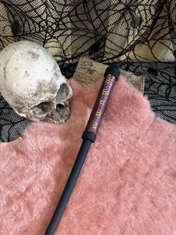 Rubber Whip with Amethyst Love leather wrapped handle and rainbow stitching