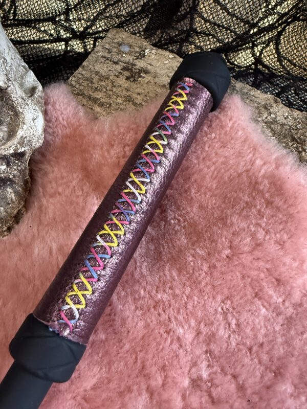 Rubber Whip with Amethyst Love leather wrapped handle and rainbow stitching - Image 3