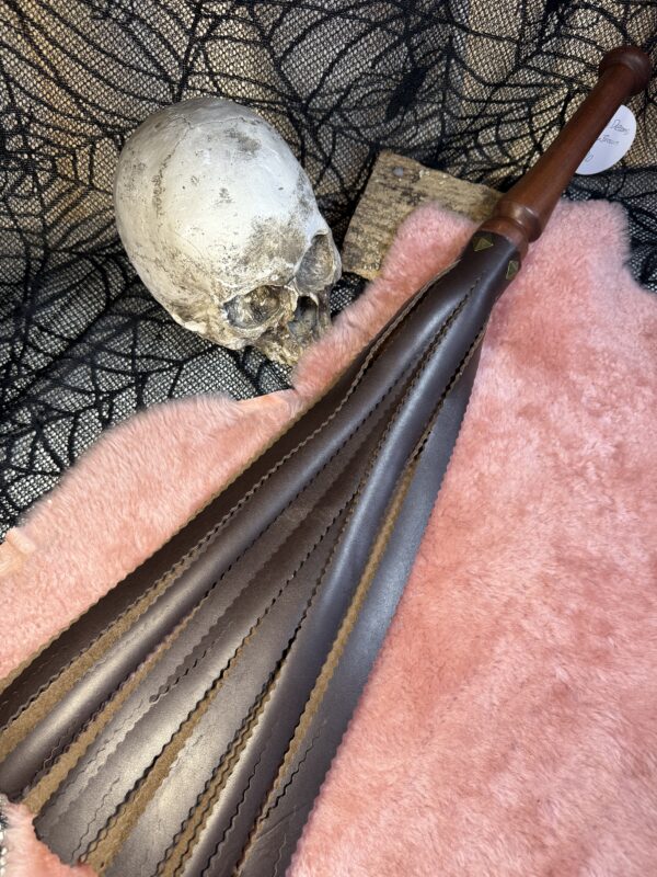 Tattered Dreams Chocolate Elegance leather flogger with hand-turned handle