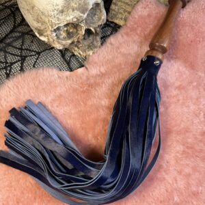 Midnight Blue Hair on Hide leather flogger with hand-turned handle