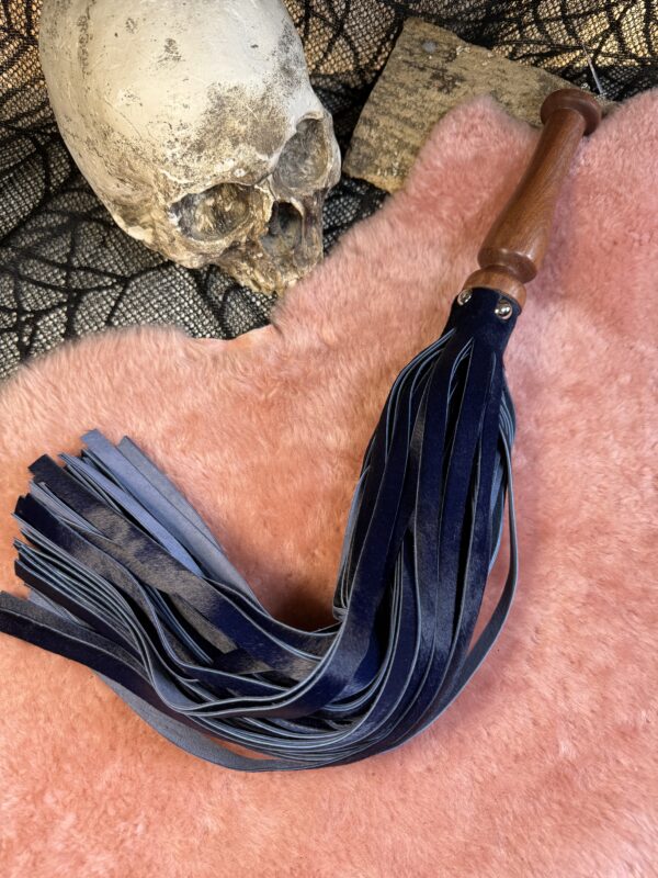 Midnight Blue Hair on Hide leather flogger with hand-turned handle