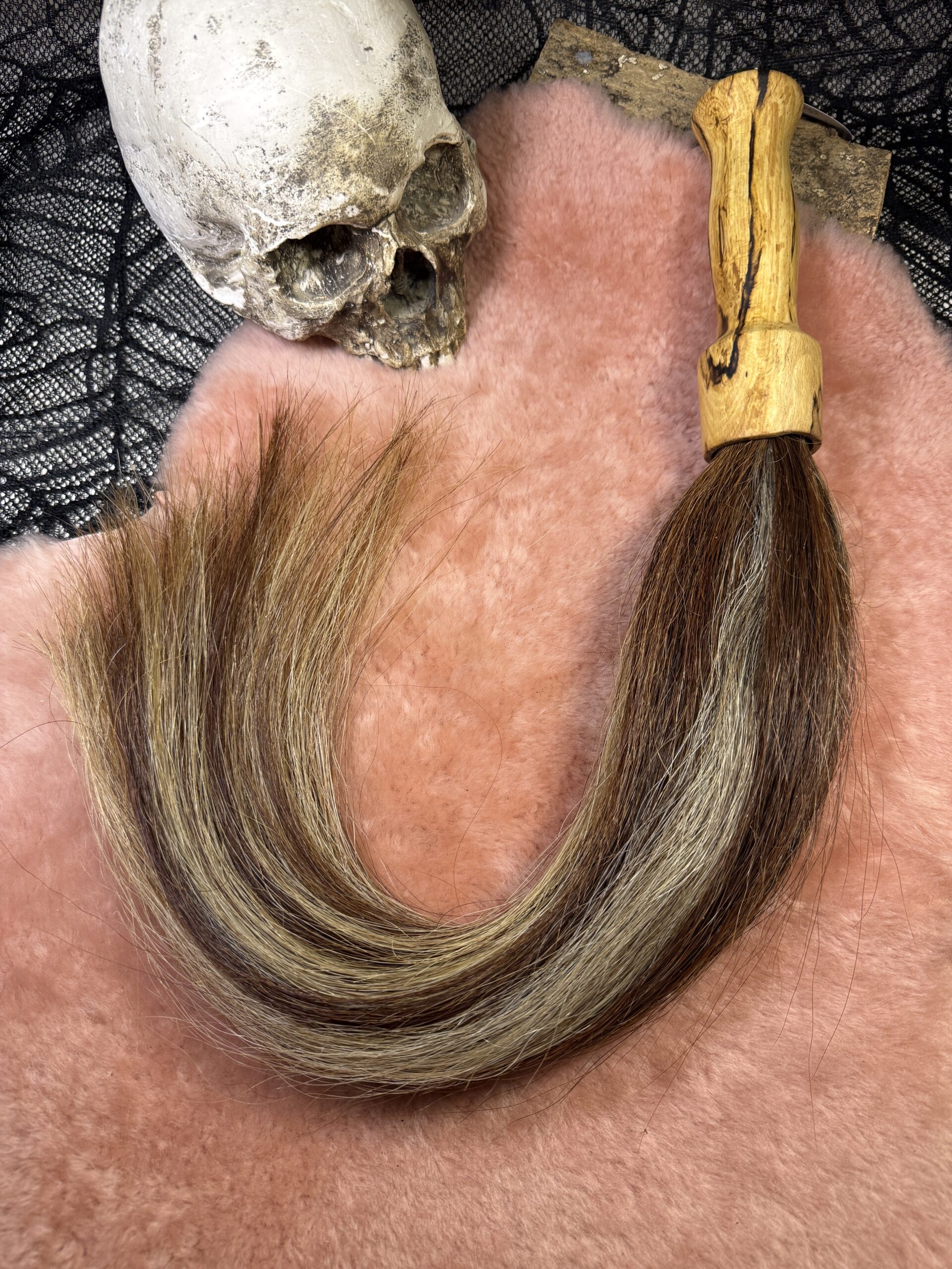 Ethically sourced Horsehair flogger with hand turned spalted handle